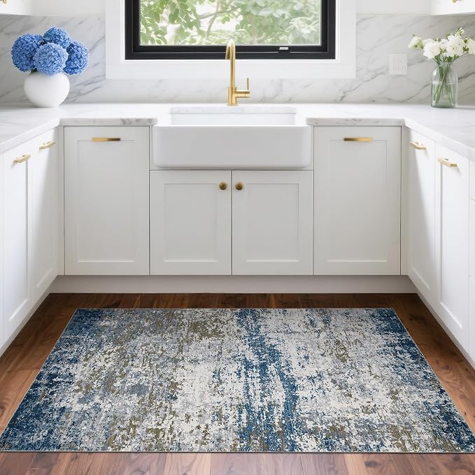 ROYHOME Modern Abstract 2x3 Area Rug Non Slip Non Shedding Low Pile Stain Resistant Rug for Entryway Kitchen Bedroom,Navy