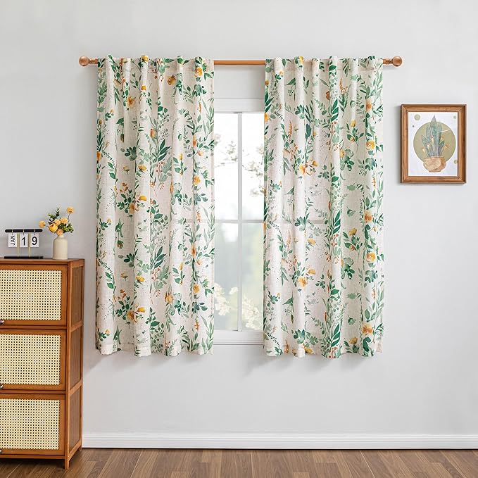 MYSKY HOME Linen Floral Curtains 63 inches Long 2 Panels Set for Bedroom, Sage Green Curtains Light Filtering Privacy Protect Farmhouse Style Decorative Drapes Back Tab for Home, 50" Wide Each Panel