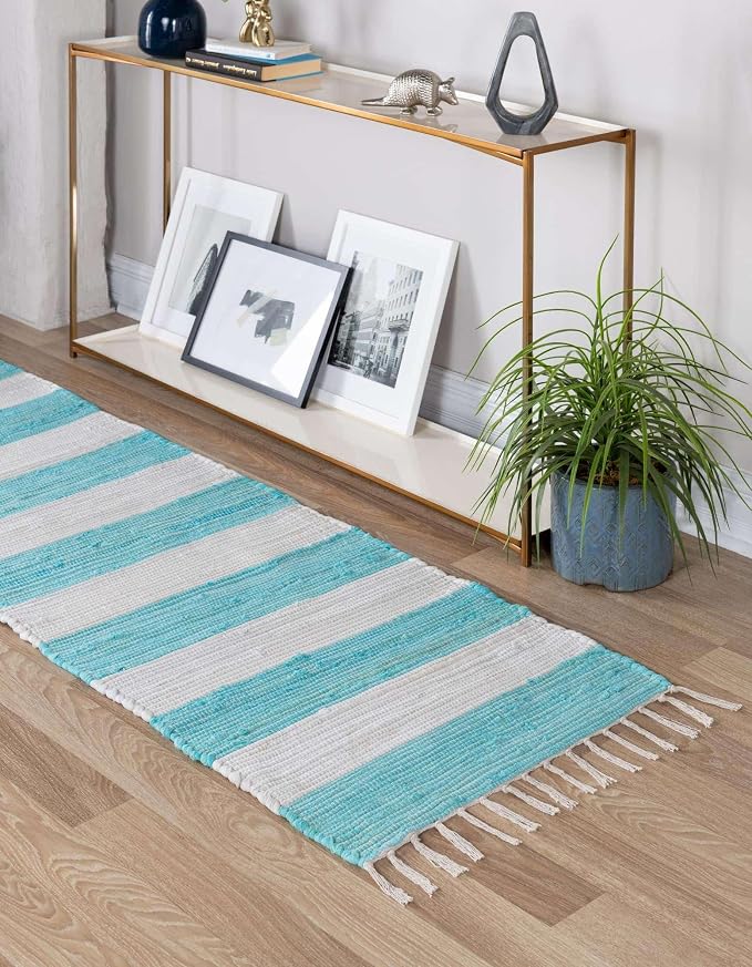 Unique Loom Chindi Rag Collection Area Rug - Striped (2' 2" x 10' Runner, Turquoise and Ivory)