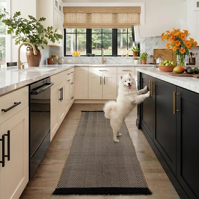 2x6 Washable Boho Runner Area Rug with Tassels for Living Room Black Beige | Vacuum Friendly, Machine Washable, Non-Slip Rug, Modern Farmhouse Neutral Decor Carpet, Bathroom Bedroom Kitchen Hallway