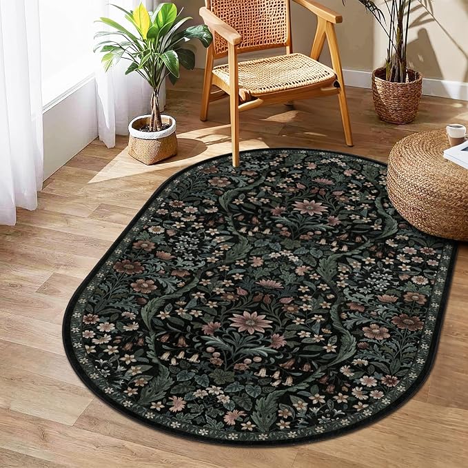 3x5 Oval Rug Black Floral Washable Rug,Soft Lightweight Low Pile Non-Shedding Carpet,Machine Washable Stain Resistant Non-Slip for Entryway,Bedroom,Mudroom,Living Room