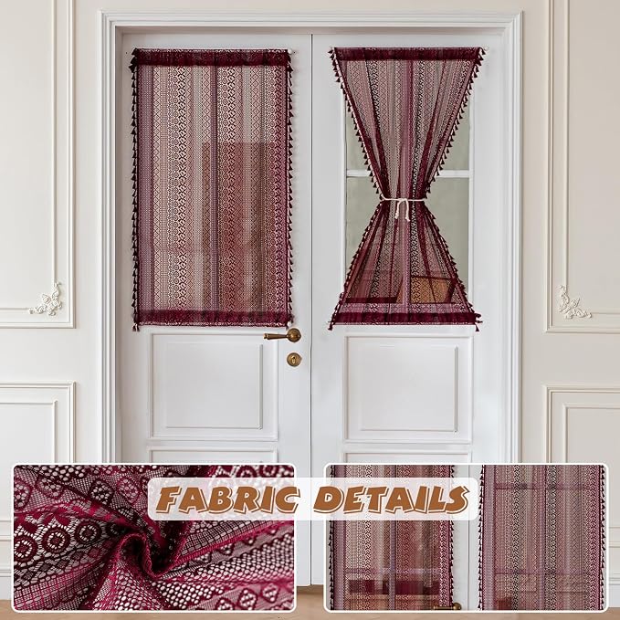 Sutuo Home Burgundy Sidelight Curtains for Drapery Glass & Patio, French Door Curtains for Front Door Entryway Farmhouse Semi Sheer Vintage Chic Cottagecore Tassels, Rod Pocket 2 Panels 25" W x 40" L