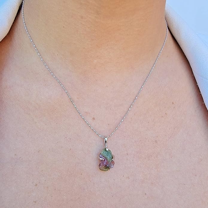 Natural raw gemstone pendant chain necklace with white gold over 925 solid sterling silver, birthstone dainty solitaire gift for her, uniquelan jewelry