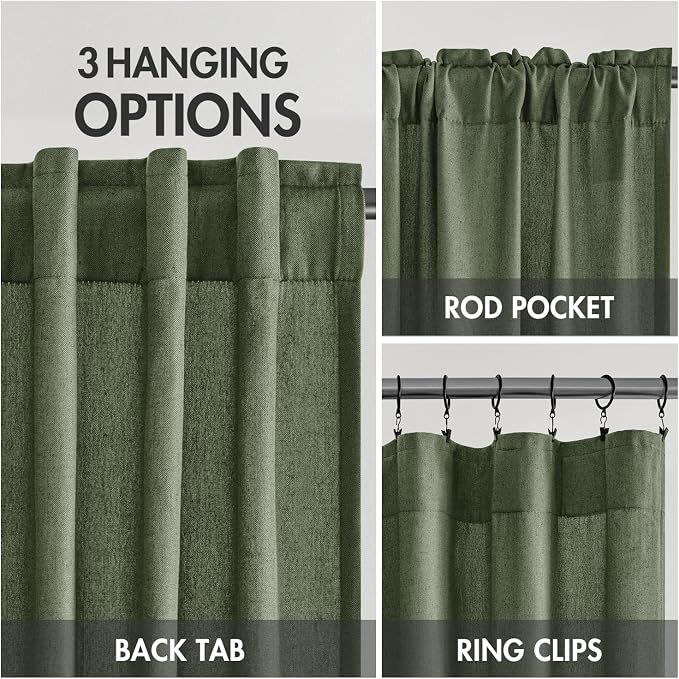 MIULEE Non-See-Through Privacy Linen Curtains 52W x 63L Inch Dark Green | 2 Panels, Light Filtering, Semi Sheer Window Curtains, Farmhouse Textured, Back Tab Drapes for Bedroom Living Room