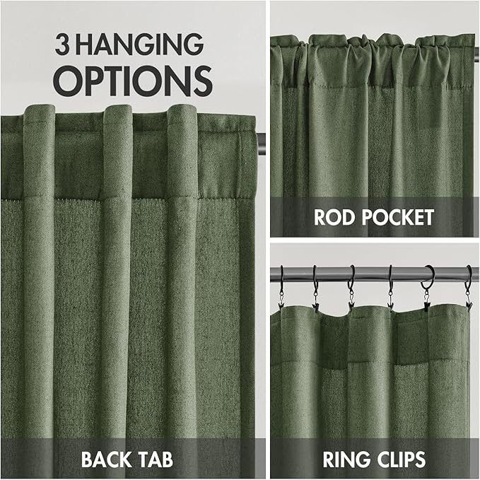 MIULEE Non-See-Through Privacy Linen Curtains 52Wx108L Inch Dark Green | 2 Panels, Light Filtering, Semi Sheer Window Curtains, Farmhouse Textured, Back Tab Drapes for Bedroom Living Room