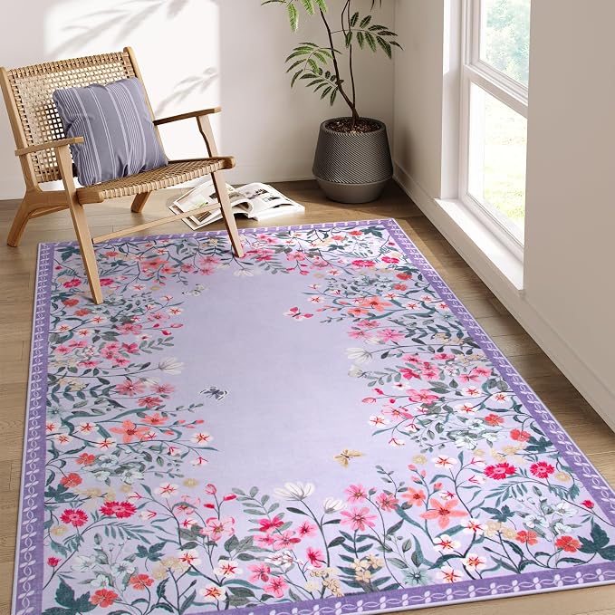 Wonnitar 4x6 Washable Area Rug, Purple Floral Rug for Girls Bedroom, Boho Soft Nursery Carpet, Non Slip Ultra Thin Entryway Mat, Lavender Kids Room Vanity Decor (4x6 Purple)