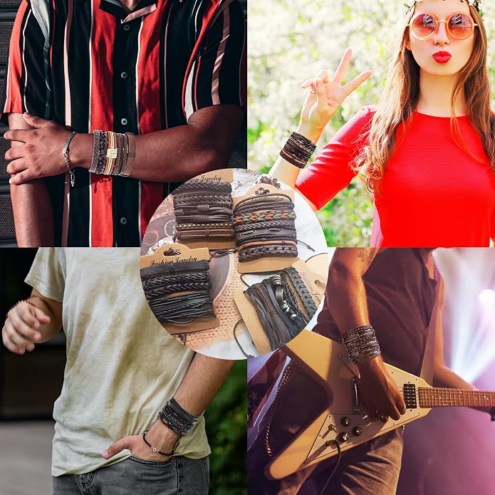 SONNYX 44 Pcs Braided Leather Bracelets for Men Women Woven Cuff Wrap Bracelets Hemp Cords Wood Beads Ethnic Tribal Bracelets Adjustable Leather Wristbands