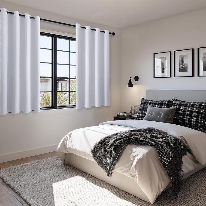 Hiasan Blackout Curtains for Bedroom - Thermal Insulated & Energy Saving Window Curtains for Living Room/Kids Room, 2 Drape Panels Sewn with Tiebacks, Greyish White, 52 x 45 Inch