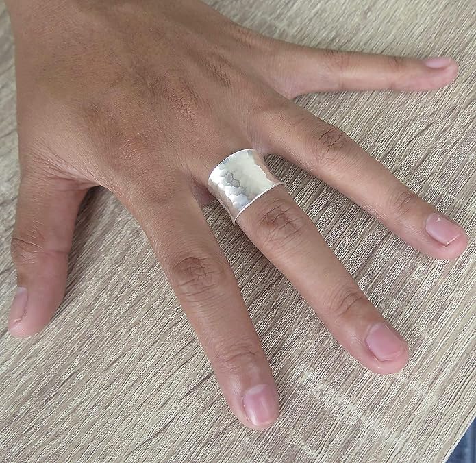 Hammered Sterling Silver Handmade Wide Band Ring, Classic Shiny Finish Wrap Band, Adjustable to Sizes 6-12, Can fit Also as Thumb ring, Gift for Her