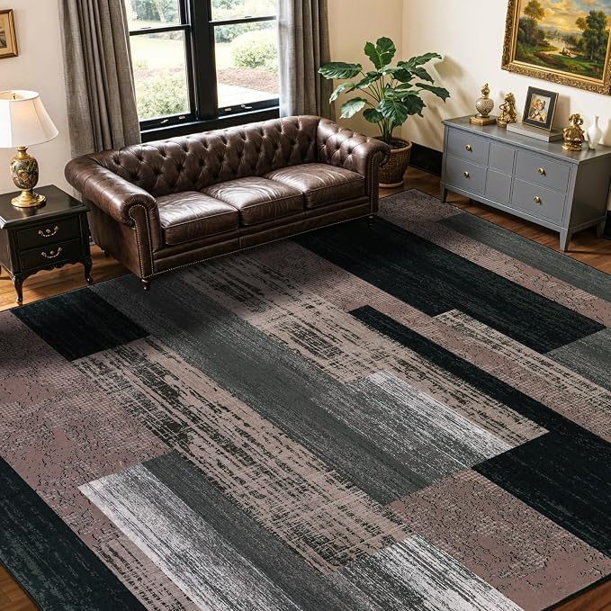 LIANLAM 10x12 Washable Area Rugs for Living Room & Bedroom(10x12,Chocolate) | Non-Slip Large Carpet,Vintage Checkered Pattern, Stain Resistant Faux Wool Low Pile Soft Rug for Dining Room,Office,Nursery