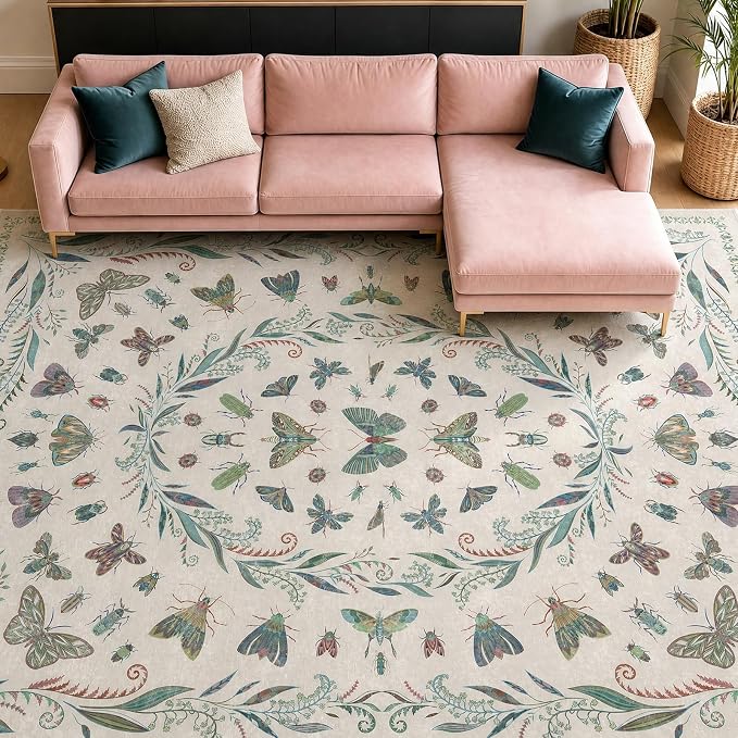 Light Green Butterfly Rugs for Girls Bedroom - 8x10 Floral Area Rug for Living Room, Dining Room Under Kitchen Table, Washable Lightweight Insect Print Large Carpet Indoor
