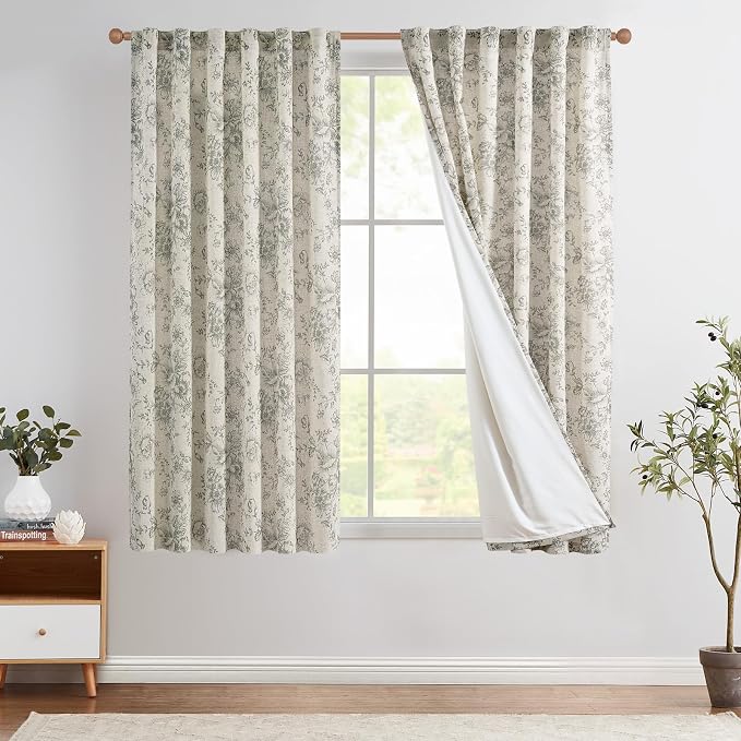 jinchan Gray Floral Linen Curtains Lined 63 Inch Vintage Back Tab 2 Panels | Privacy lining, light filtering drapes, vintage, cottagecore, french country, rustic, bedroom, living room, window treatment