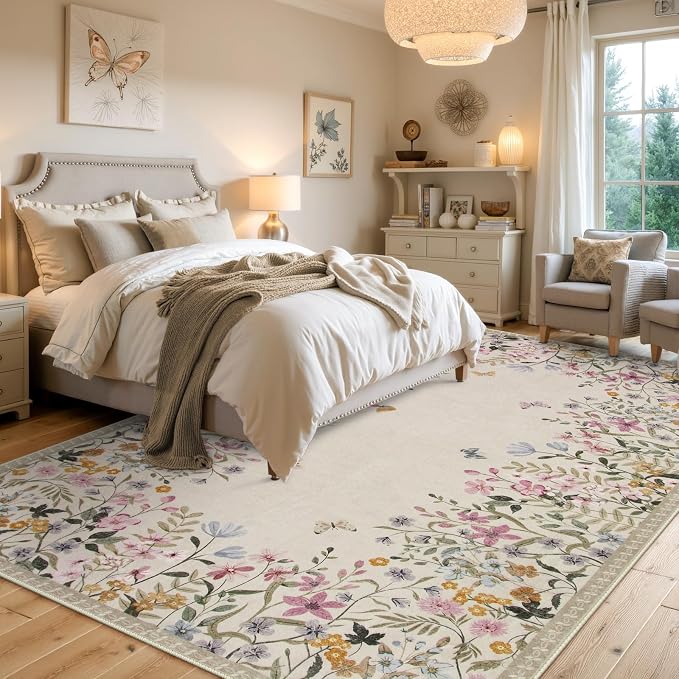 Wonnitar 6x9 Washable Area Rug, Boho Floral Rug for Living Room, Soft Rug for Bedroom, Non Slip Low Pile Nursery Carpet, Beige Farmhouse Dining Room Decor (6x9 Beige)