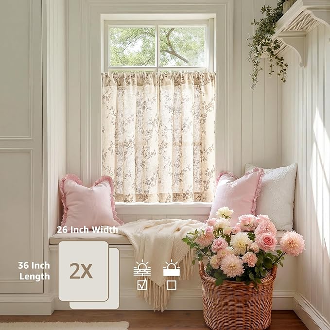 Lazzzy Elisa Floral Kitchen Curtains 36 Inch Linen Cafe Curtains Farmhouse Half Window Drapes Over Sink Light Filtering for Small Windows Rod Pocket Back Tab 2 Panels Taupe on Beige