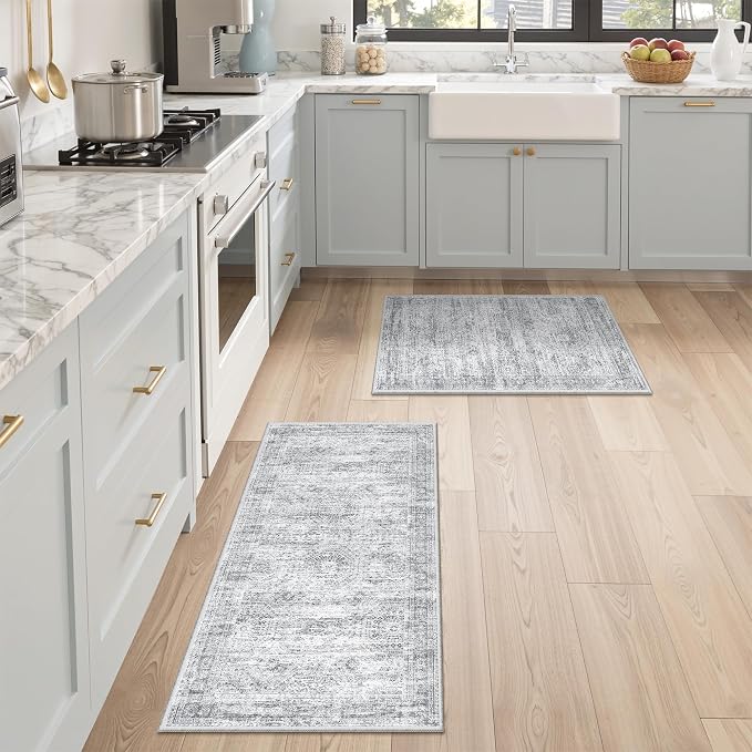 Kitchen Rugs Sets of 2, 2x3 2x4 Rug Runner,Grey | 2 Piece Washable Rug for Hallway,Entryway,Bedroom,Dining Room,Thin,Soft Runner Rug,Stain Resistant Indoor Carpet,Non Slip