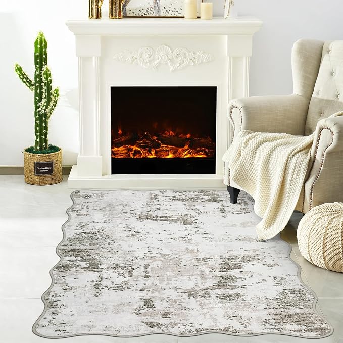 ROYHOME Modern Scalloped Abstract 2x3 Area Rug Non Slip Non Shedding Low Pile Stain Resistant Rug for Entryway Kitchen Bedroom,Taupe