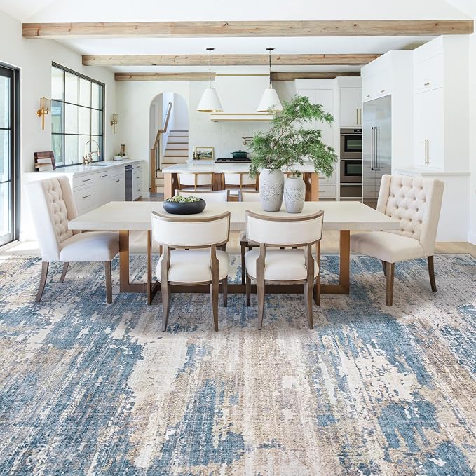 XLUEZ 9x12 Area Rug for Living Room, Washable Modern Abstract Large Area Rug Neutral Soft Non Slip Kids Rug Stain Resistant Indoor Carpet for Bedroom Dining Room Playroom Office(BlueBeige, 9'x12')