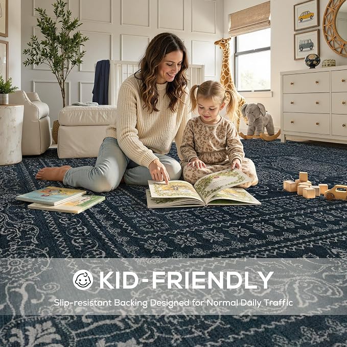 Nakagishi 6x9 Area Rugs Living Room: Washable Large Vintage Rug Neutral Non-Slip Soft Stain Resistant Indoor Carpet for Bedroom Nursery Dining Room Office Playroom - Navy
