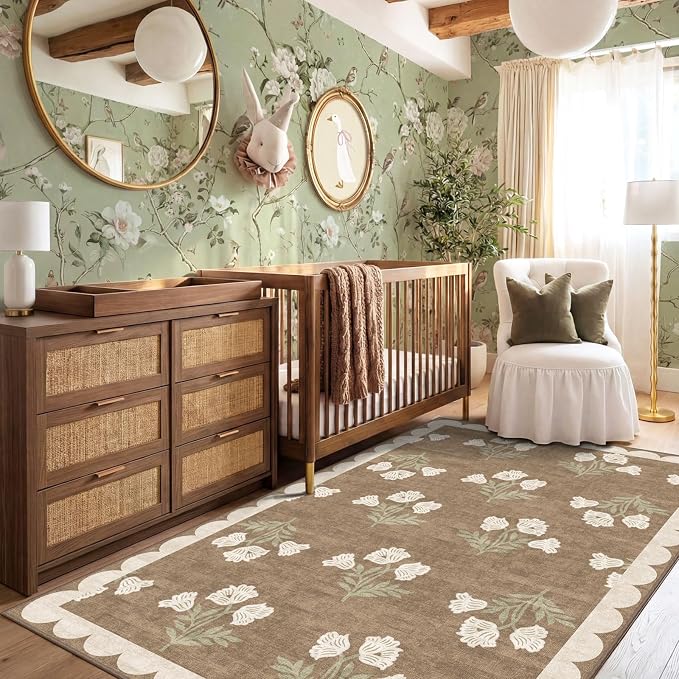 4x6 Floral Bedroom Rug - Tan Brown Washable Boho Entryway Rug Non Slip Vintage Neutral Farmhouse Scalloped Area Rugs for Living Room Bedroom Kitchen Nursery Home Office Mudroom Room Decor
