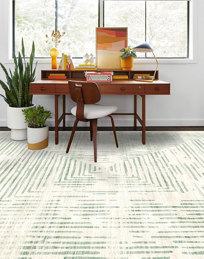 BLISSA Washable 5x8 Area Rug - Soft Modern Throw Rugs for Living Room Non-Slip Ultra-Thin Sage Green Lines Borderd Abstract Carpet for Bedroom Dining Room Rugs for Under Table Nursery Foyer Home Decor