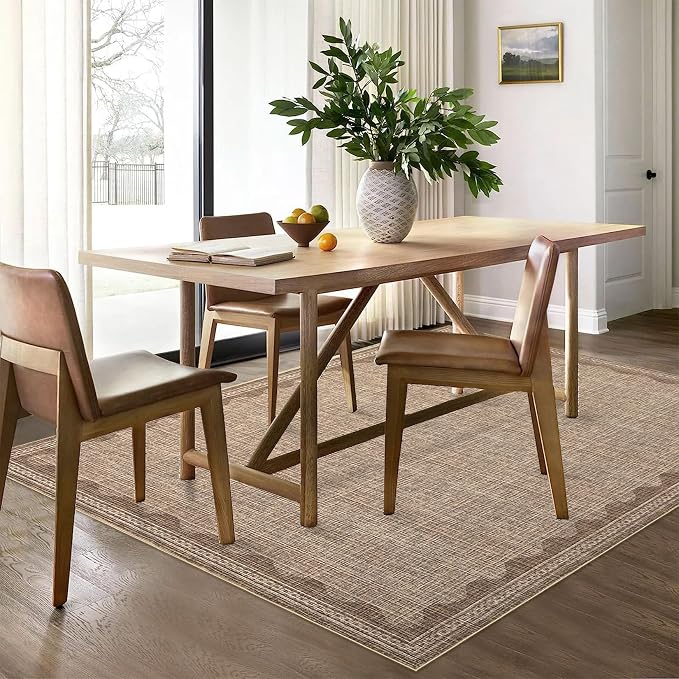 9x12 Scalloped Area Rugs Coffee Washable Living Room Bedroom Rug | Solid Tan Rug for Bedroom Girls, Non Slip Throw Carpet With Rubber Back, Soft Dorm Nursery Scalloped Rugs for Dining Room