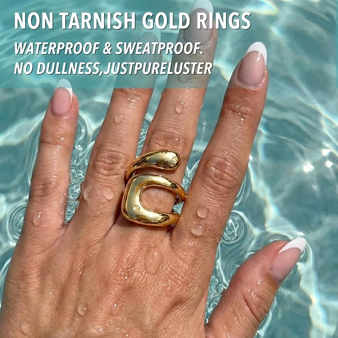 Gelbesty Waterproof Gold Statement Rings for Women, 14K Gold Plated Chunky Open Stackable Rings Non Tarnish Fashion Adjustable Stainless Steel Pinky Knuckle Signet Vintage Ring Jewelry Size 5-11
