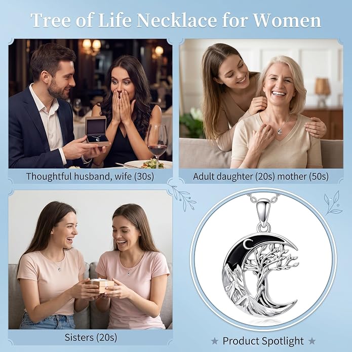 Tree of Life/Cat/Horse/Turtle/Sun/Cow Pendant Crescent Moon Necklace Anniversary Graduation Birthday for Grandma Women Wife Daughter(with Gift Box)