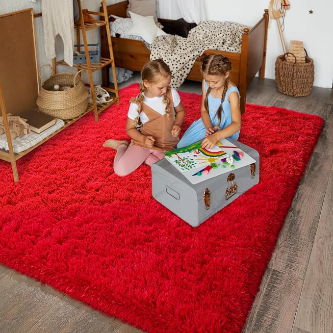 Dssimo Red Rug for Bedroom 4x6 Area Rugs for Living Room Shaggy | Soft Fluffy Bedside Indoor Floor Carpet for Kids,Girls Boys and Teens Deco Christmas Aesthetic for Dorm Nursery Classroom