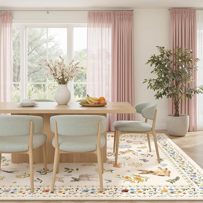 Soalmost Dog 8x10 Area Rugs for Living Room, Washable Animal Soft Rug Beige | Floral Vintage Non-Slip Low Pile Cute Throw Large Rugs for Classroom Bedroom Dining Room Nursery Playroom 8' x 10'