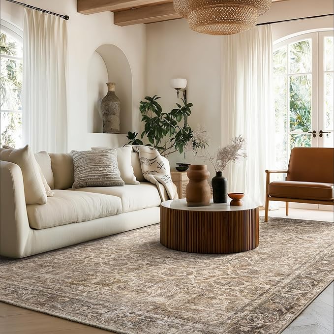 Washable Rugs for Living Room: 5x7 Area Rugs for Bedroom Ultra Soft Non-Slip Stain Resistant Vintage Boho Large Carpet for High-Traffic Dining Room - Farmhouse Decor