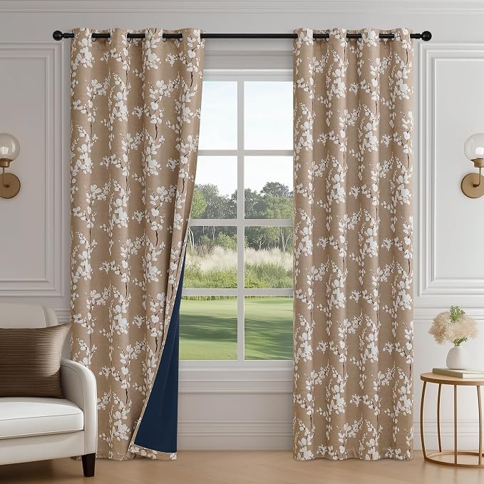 FMFUNCTEX 100% Blackout Brown Floral Curtains 84 Inch Grommet 2 Panels | Black Out Drapes, Thermal Insulated Cottage Farmhouse, Blossom Flower Patterned Curtain for Bedroom, Living Room Darkening