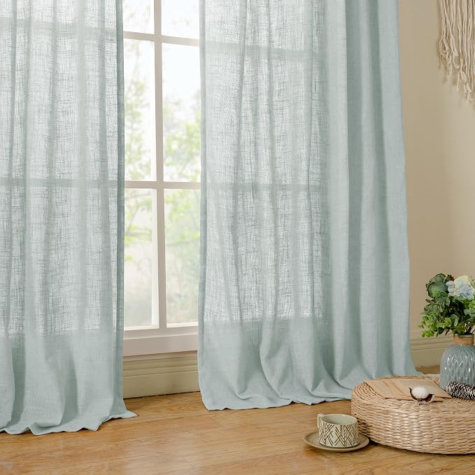 LAMIT Linen Semi Sheer Curtains 48 Inch for Bedroom, Light Filtering Neutral Window Curtains Farmhouse Boho Back Tab and Rod Pocket Panels, Greyish Blue, 2 Panels, 52 x 48 Inch