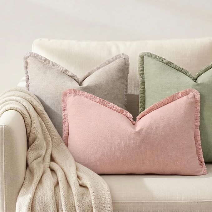 decorUhome Linen Fringe Pink Throw Pillow Covers 12x20 Set of 2 | Decorative Soft Accent Modern Boho Farmhouse Lumbar Cushion Covers with Tassels Cotton Pillow Covers for Couch Bed Sofa