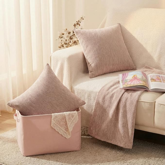 Set of 4 Blush Pink Throw Pillow Covers 18x18 Inch, Neutral Boho Farmhouse Aesthetic Decorative Pillow Cases for Couch, Sofa, Living Room & Bed, Chenille Pillow Cases, Stylish Home Decor, 45x45 cm