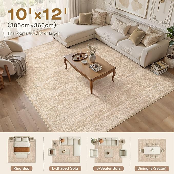 Nakagishi 10X12 Area Rugs Living Room:Washable Large Vintage Rug Neutral Non-Slip Soft Stain Resistant Indoor Carpet for Bedroom Nursery Dining Room Office Playroom