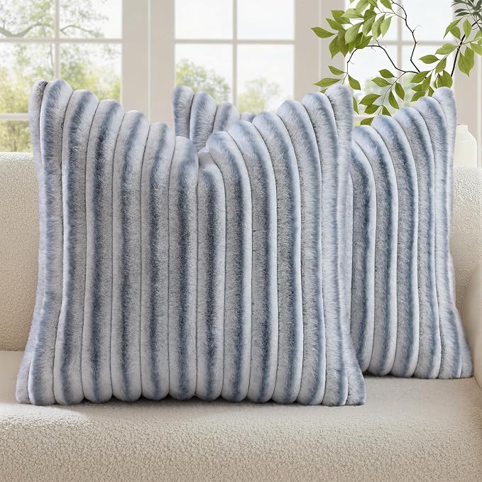 decorUhome Fall Faux Fur Throw Pillow Covers 26x26 Set of 2 Grey White | Decorative Soft Cozy Striped Plush Modern Farmhouse Boho Couch Pillow Cases Velvet Back for Sofa Bed Living Room Home Decor