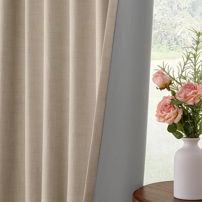 INOVADAY 100% Blackout Curtains for Bedroom, Burlywood Birch Black Out Curtains 108 Inch Long, Clip Rings Linen Blackout Drapes, Thermal Insulated Room Darkening for Living Room, 2 Panels - W50xL108