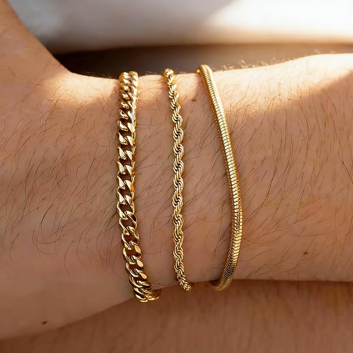 Gold Bracelets for Men Trendy - Dainty Gold Plated Stainless Steel Snake Link Bracelet Stack Rope Figaro Herringbone Chain Bracelets Set Adjustable Cuban Link Bracelet for Men Birthday Gifts for Man