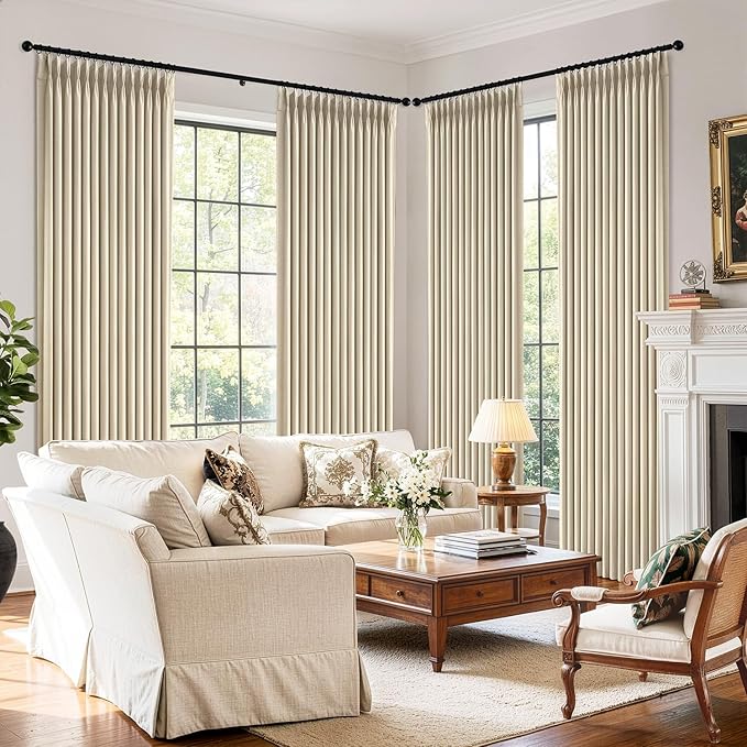 MIULEE Pinch Pleated 100% Blackout Curtains 40"x108" Long Cream 4 Panel Set | Thick Linen, Memory Trained Pleat, Back Tab Double Layer Drapes, Thermal Insulated, Curtain for Bedroom Living Room Darkening