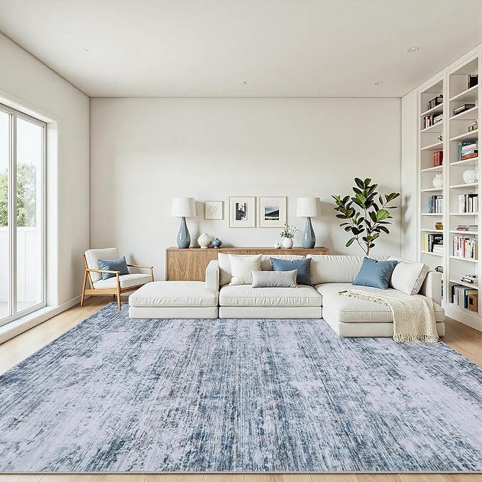 9x12 Area Rugs Living Room Rug Modern Abstract Neutral Washable Rugs Non Slip Soft Carpet Large Area Rug Low Pile Stain Resistant Non Shedding for Bedroom Nursery Dining Room Home Office Gray Blue