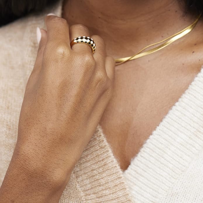 Shapes Studio 18K Gold Plated Titanium Checker Dome Ring. Vintage Styled Women Checkered Ring, Stackable Ring
