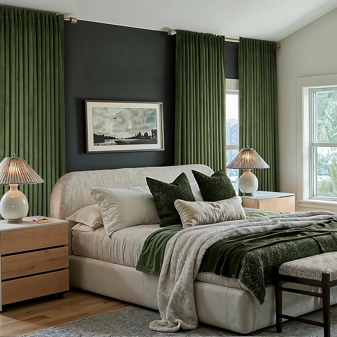 MIULEE Olive Green Velvet Curtains 108 inches Long, Pinch Pleated Blackout Drapes with Hooks, Thermal Insulated Pinch Pleat Panels for Bedroom Living Room, 2 Panels