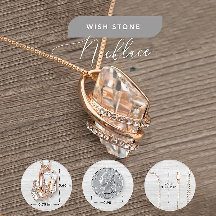 Leafael Wish Stone Pendant Necklace with Birthstone Crystal, 18K Rose Gold Plated/Silvertone, 18" + 2"