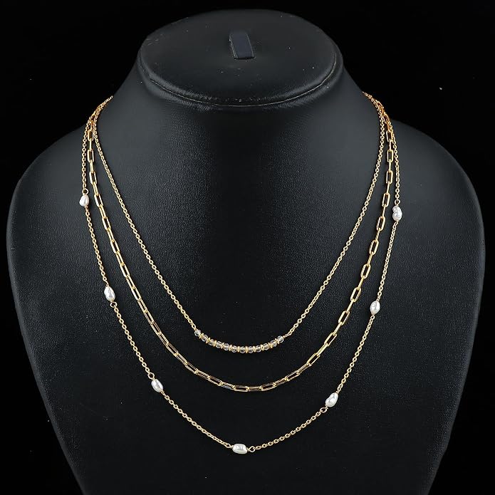 Beads With Pearl 3 Layered Necklaces for Women 14k Gold Plated Dainty Stackable Choker Necklaces for Women Trendy Layering, Cuban Link, Paperclip Chain, For Women Gifts