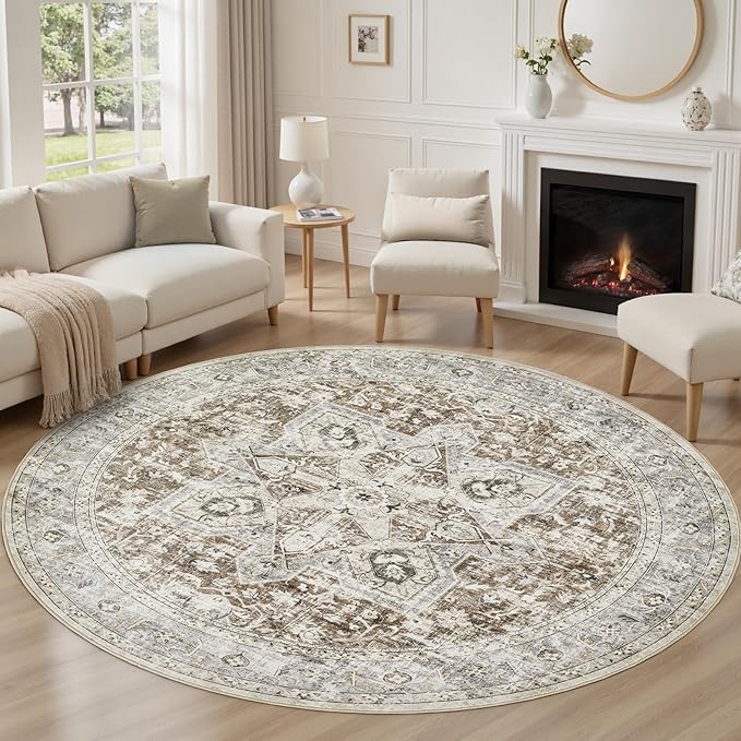 Tortania 5' Round Area Rug Living Room Rugs - Washable Boho Rug Vintage Oriental Distressed Farmhouse Large Thin Indoor Carpet for Bedroom Under Dining Table Home Office - Brown Blue