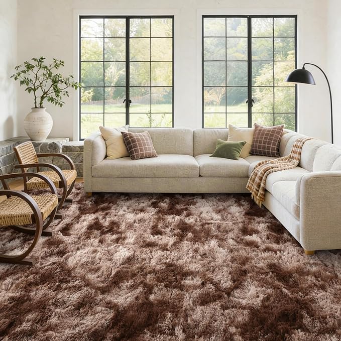 5x7 Area Rugs for Living Room Decor, Non-Slip Shaggy Tie-Dyed Rugs for Bedroom Kids Playroom Dorm Room, High Pile Ultra Soft Carpet, Brown