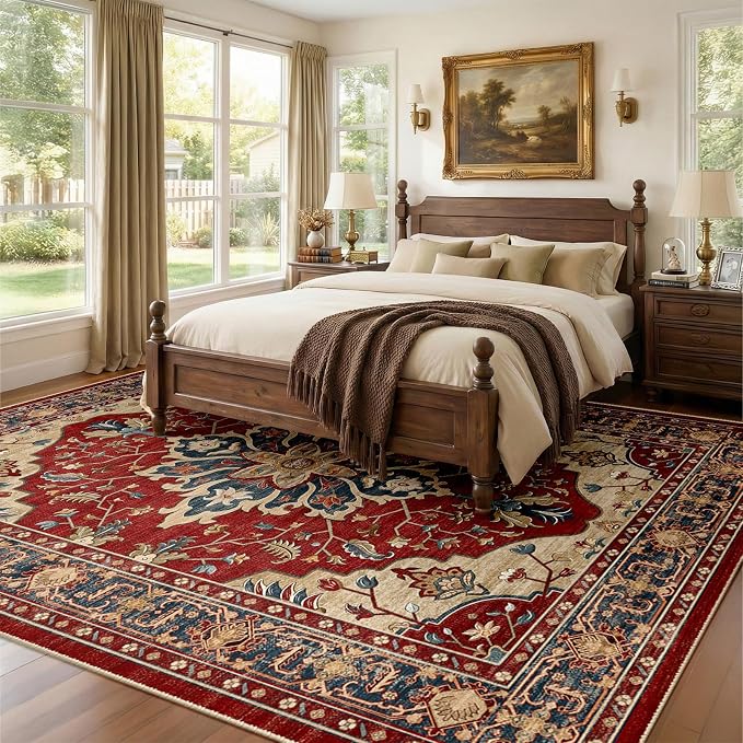 RELEANY Area Rugs 7'x9' Washable Non-Slip, Floral Vintage Distress Medallion Carpet for Living Room Bedroom Dining Room, Red Blue