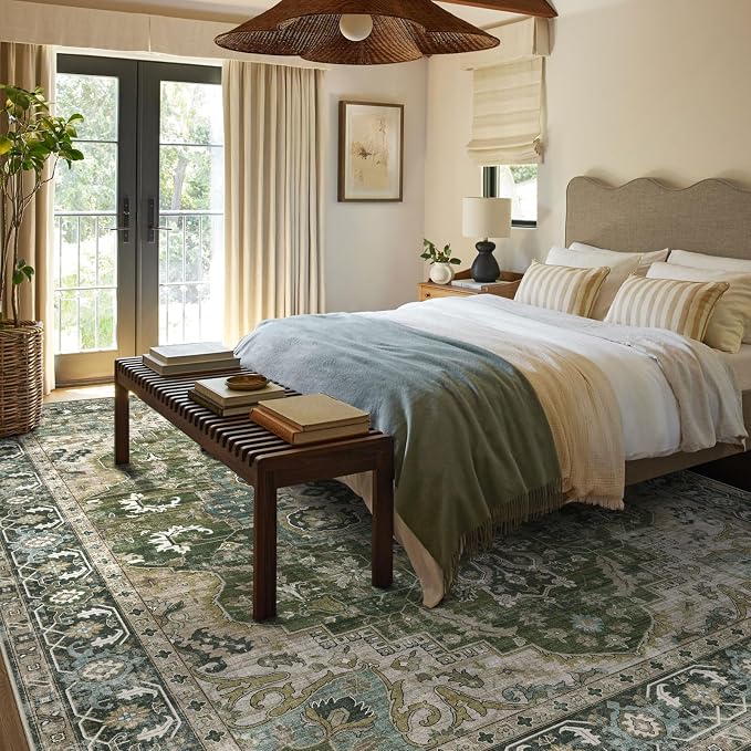 LUXRUG Washable Area Rug 8x10 - Large Moss Green Boho Rugs for Living Room Soft Vintage Bedroom Rug Ultra-Thin Oriental Farmhouse Distressed Carpet Non Slip Rug for Dining Room Guest Room Home Decor