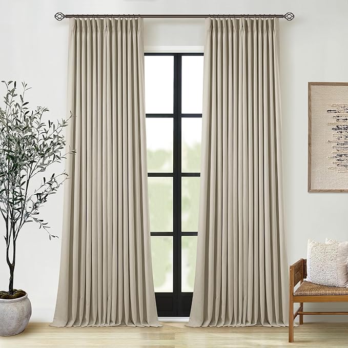 Burlywood Birch Pinch Pleated 105 Inch Linen Blackout Curtains 2 Panels for Living Room Bedroom Thermal Insulated 100% Black Out Linen Drapes with Liner Room Darkening Window Curtains 40x105 Taupe