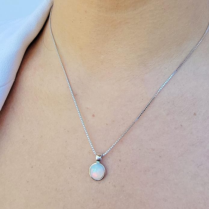 Natural gemstone 8mm round pendant with white gold over 925 sterling silver bezel cabochon plate and box chain, real genuine dainty birthstone gift for her, uniquelan jewelry